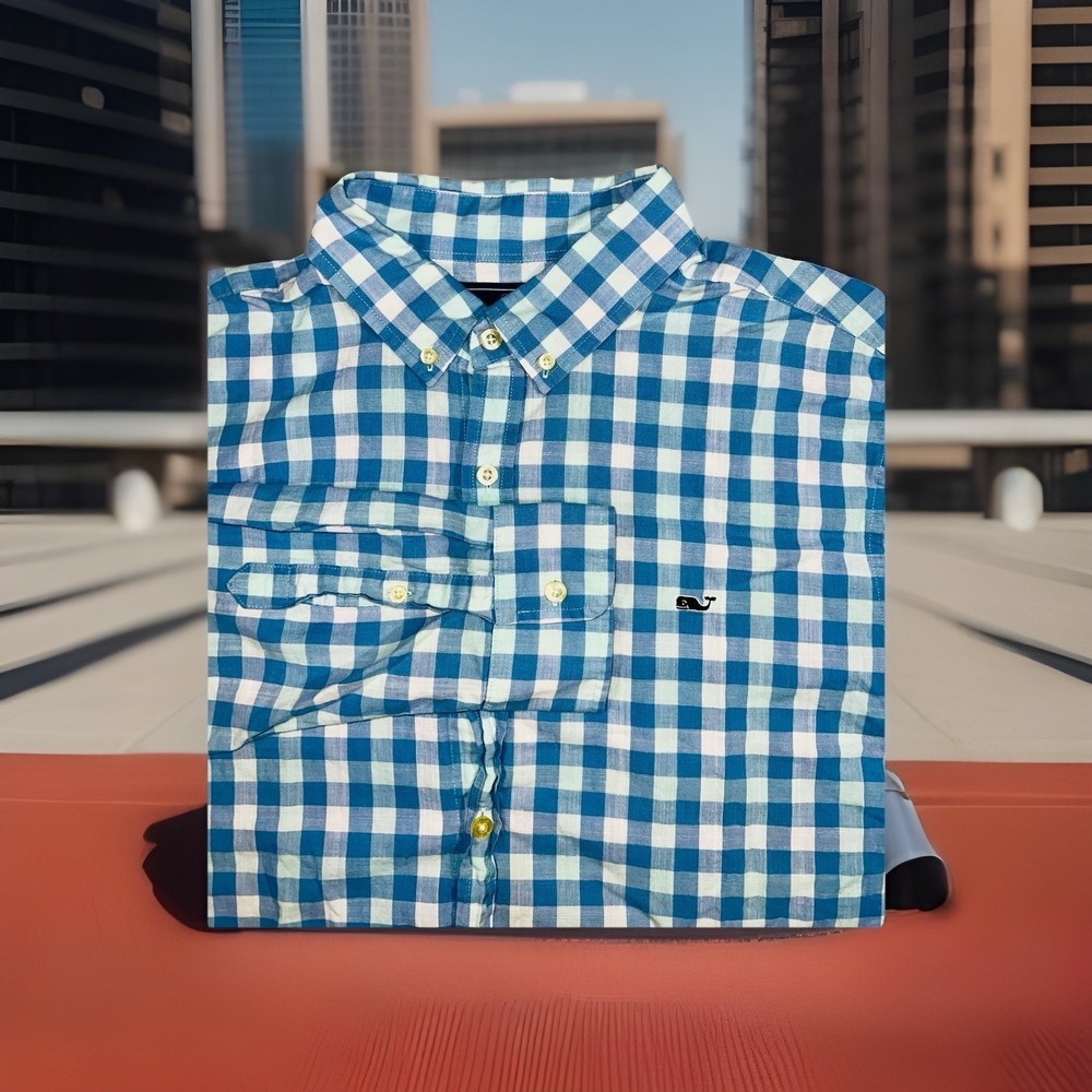 Vineyard Vines Slim Fit Whale Shirt Blue Check Long Sleeve‎ Button Up Size Large